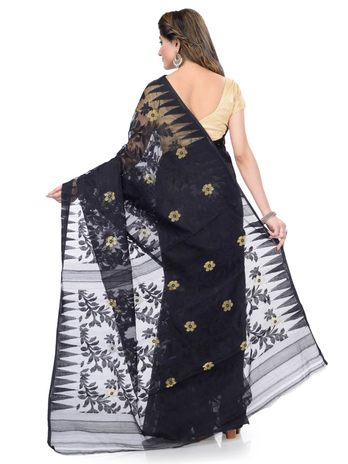 Traditional Bengal Handloom Black Resham Dhakai Jamdani Cotton Saree Whole Body Design